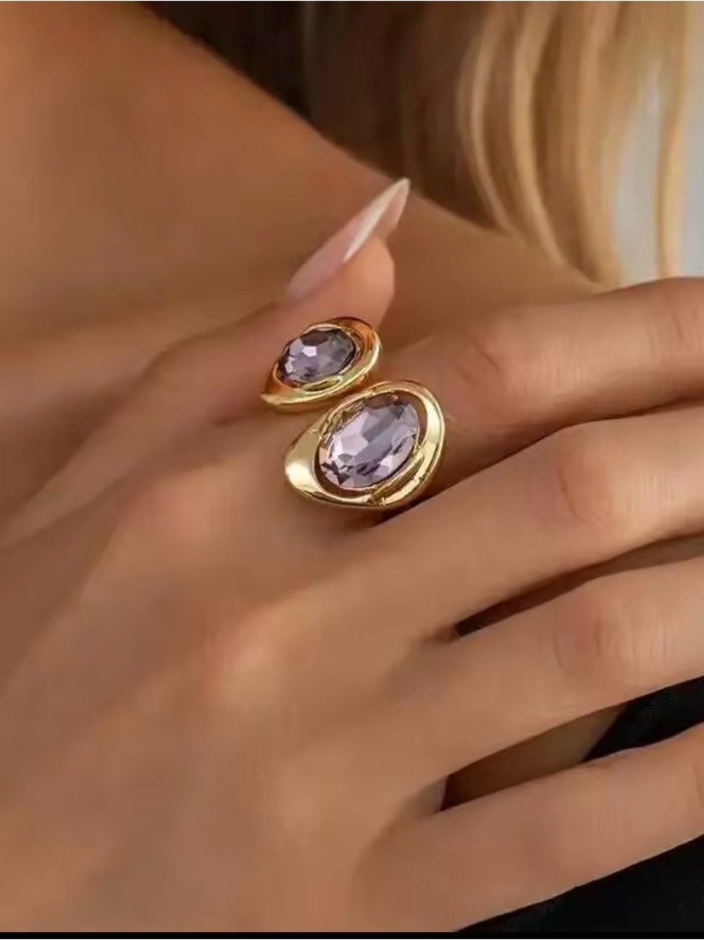 Gold Tone Purple Crystal Double Stone Open Statement Ring
